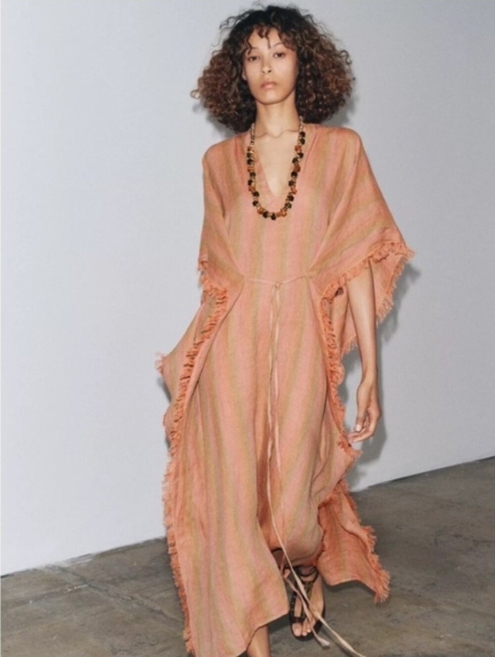 Light Coral Striped Kaftan Dress